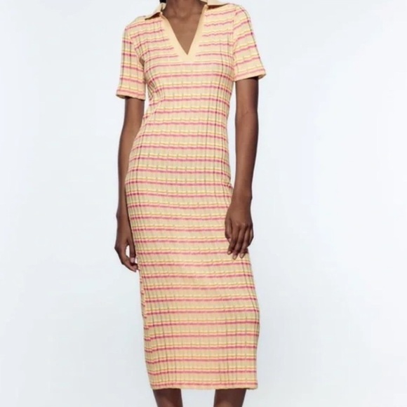 NWT Zara Striped Ribbed Knit Polo Collar Midi Dress L - Picture 1 of 11